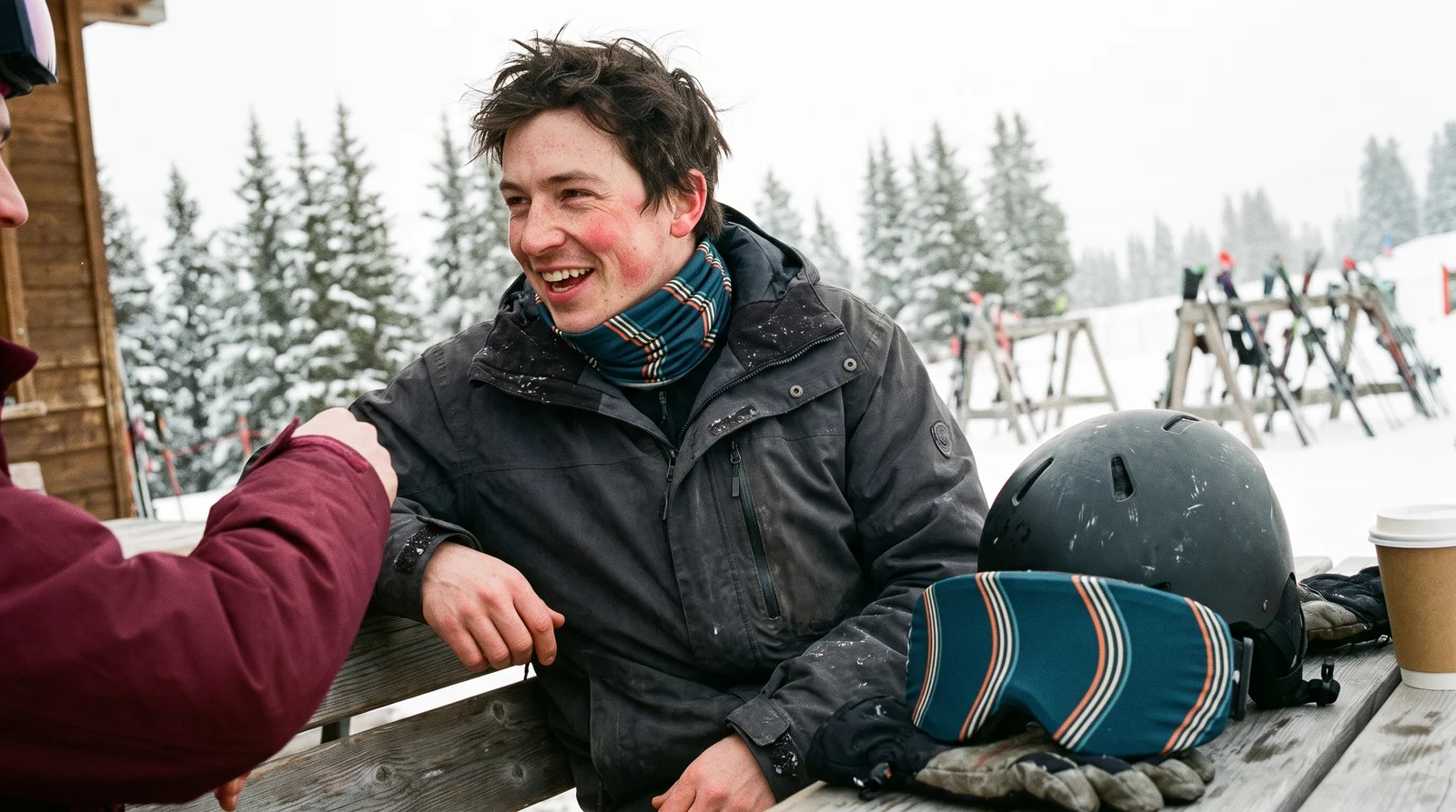 Pauze bij de berghut met retro nekwarmer en bijpassende skibrilhoes op de helm