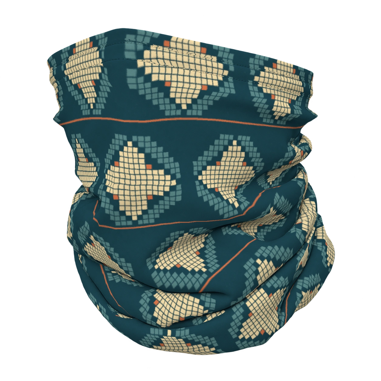 Chalet jacquard · Petrol & burnt orange op een nekwarmer