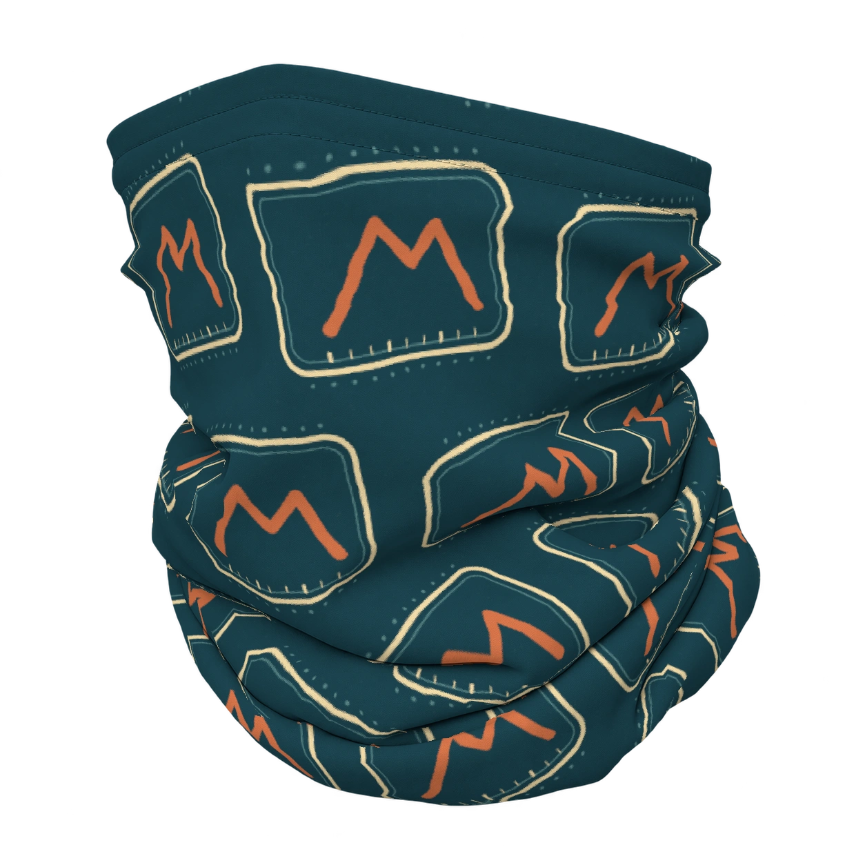 Lift ticket · Petrol & burnt orange op een nekwarmer